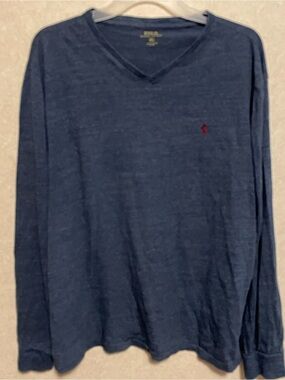 Polo by Ralph Lauren Navy V-Neck Long Sleeve Tee with Red Pony